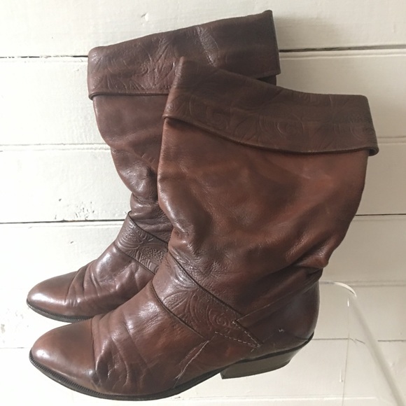 Vtg Italian Tooled Leather Fold-Over Boot 38 - Picture 2 of 8